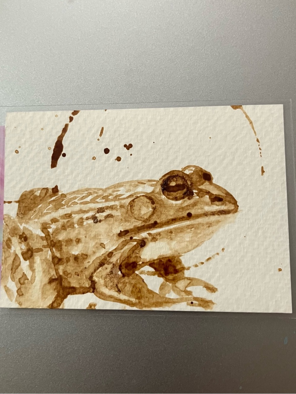 Aceo frog coffee painting ATC fun gift miniature collectible by Artettina